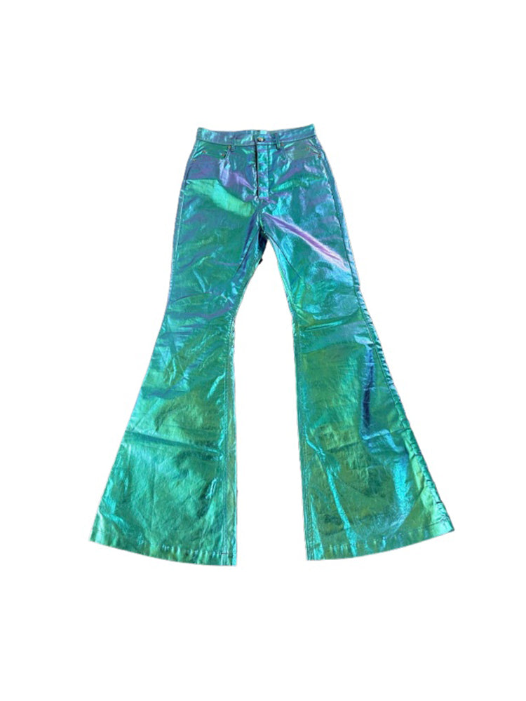 Rick Owen Acbt Coated Green Iridescent Flared Jeans - Wide-Leg Stacked Pants