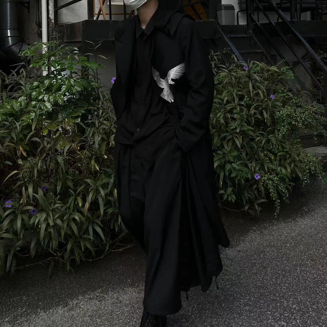 Self-made Yohji Wool Trench Coat - Double-Layered Collar White Raven Embroidery