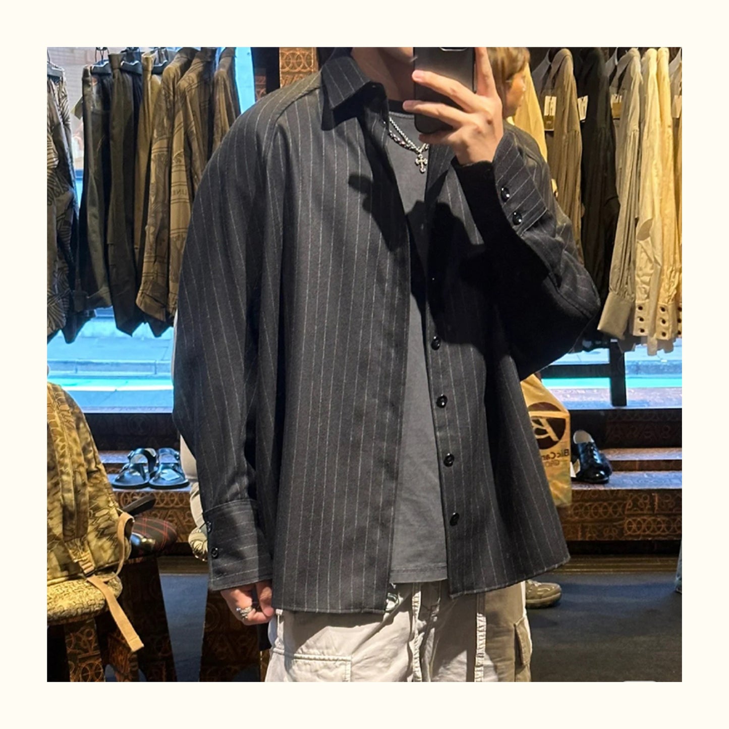 Self-made Nemeth 24AW Knot Print Shirt – Oversized Striped Long Sleeve Jacket