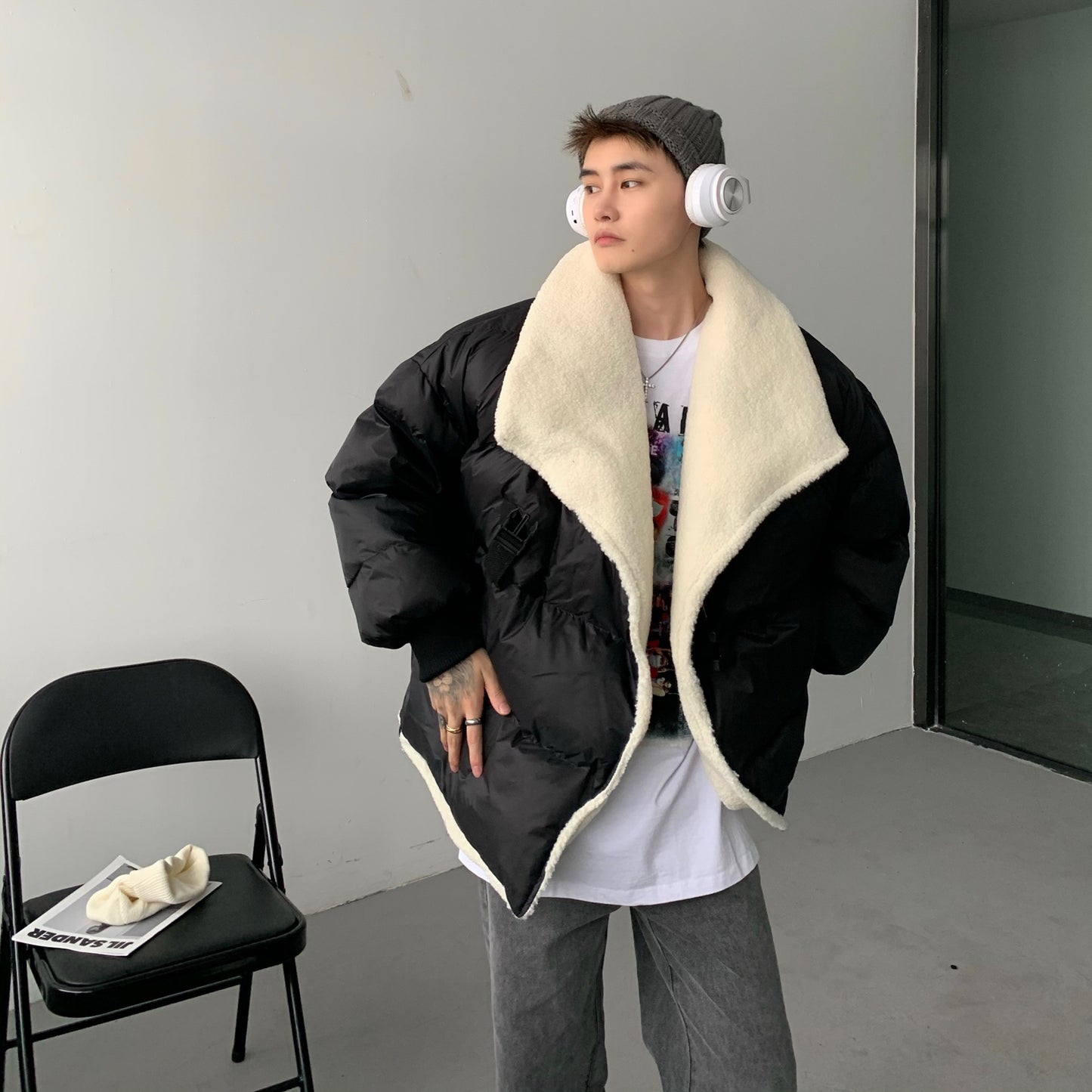 Donclickin Minimalist Shearling Cotton Jacket – Korean Oversized Turn-Down Collar