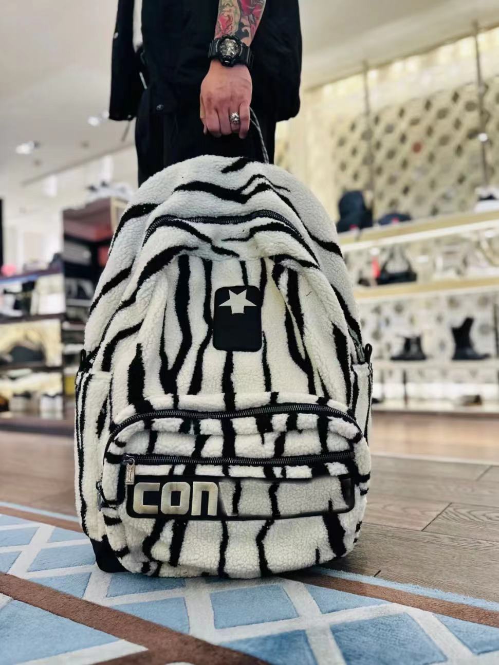 Custom-made RO Rick Owens Collaboration Zebra Stripe Large Street Plush Backpack