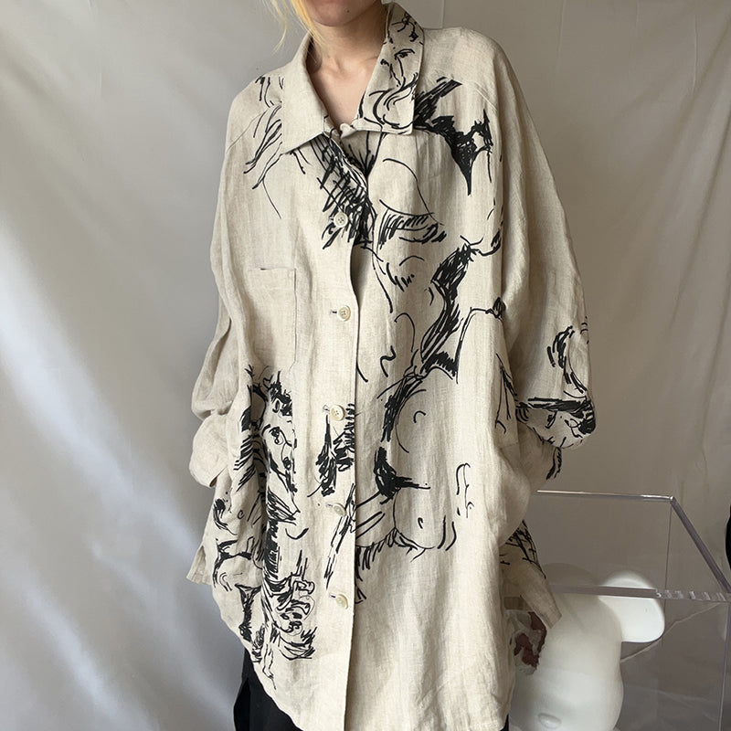 Self-made Yohji Linen Shirt – Yuuka Asakura Yamamoto Hand-Painted Beast Motif