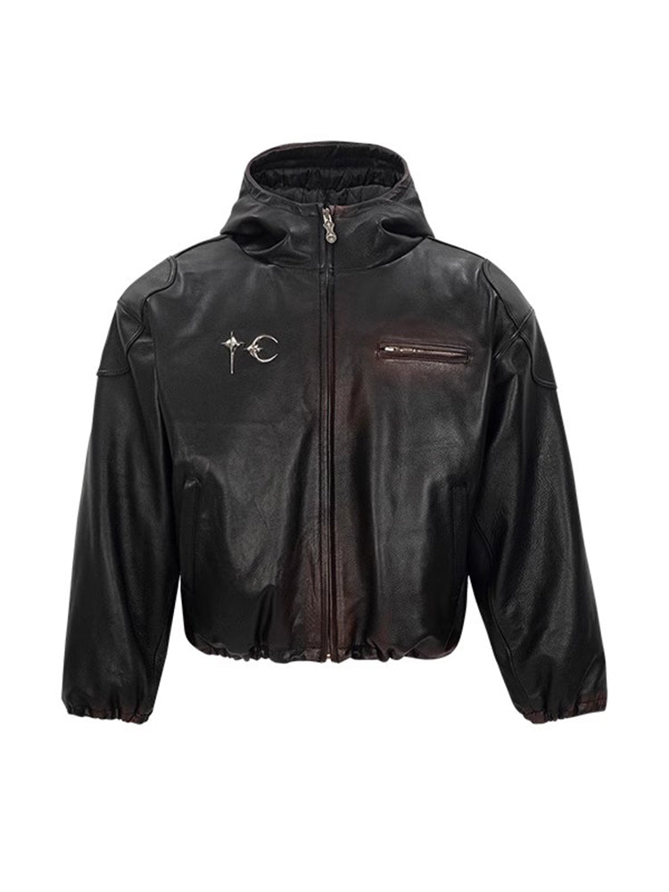 THUG CLUB Heavyweight Black Washed Goatskin Hooded Leather Short Padded Jacket