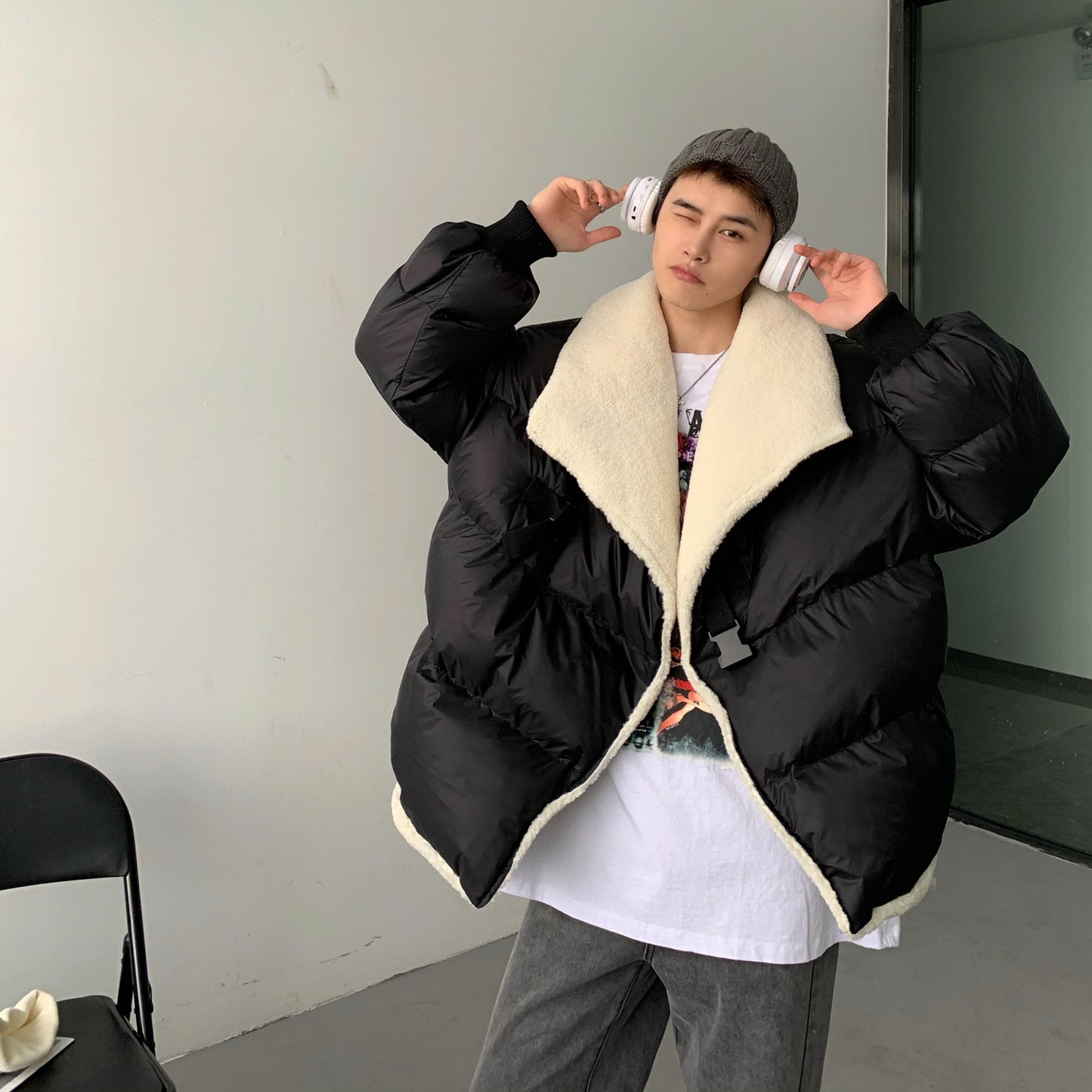 Donclickin Minimalist Shearling Cotton Jacket – Korean Oversized Turn-Down Collar