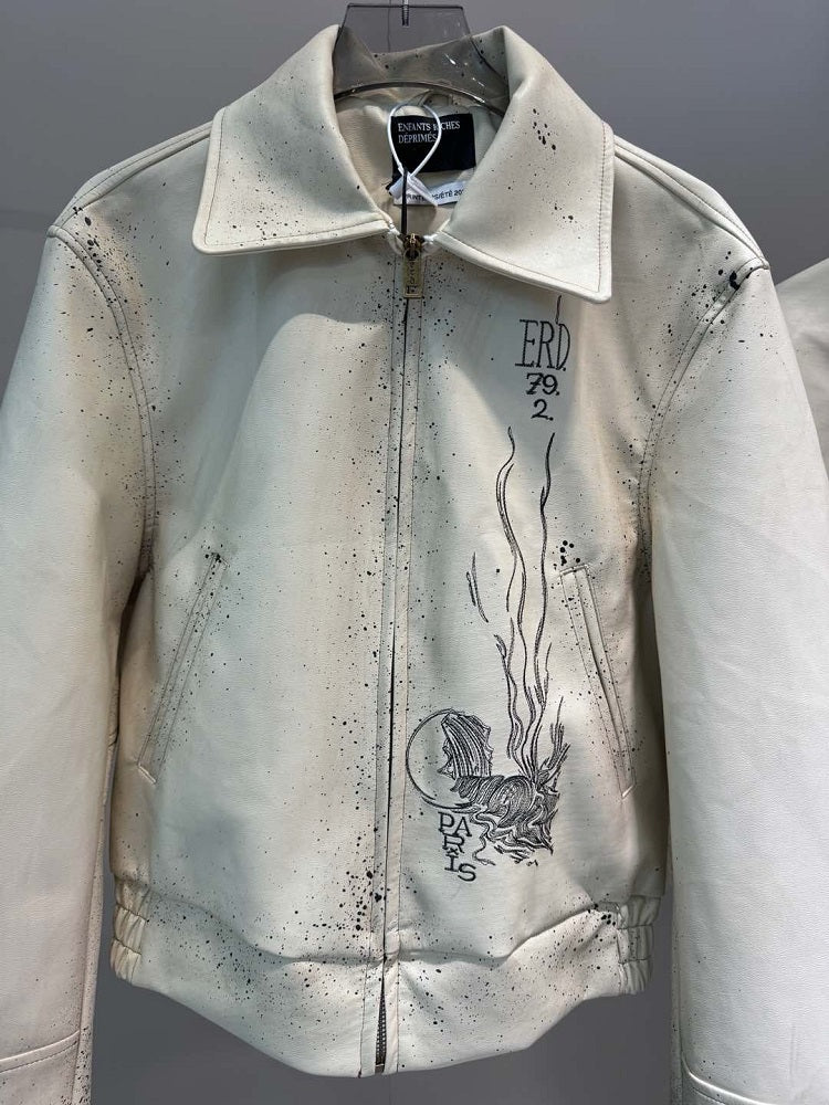 ERD SS24 Depressed Heir Embroidered Splatter Leather Biker Jacket Wookvibe