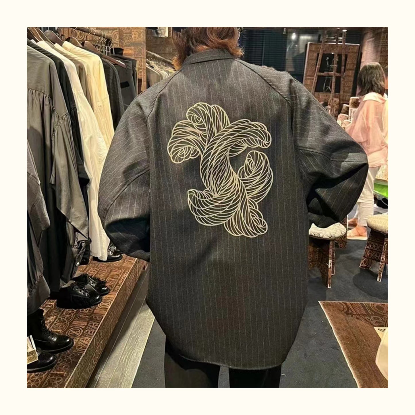 Self-made Nemeth 24AW Knot Print Shirt – Oversized Striped Long Sleeve Jacket