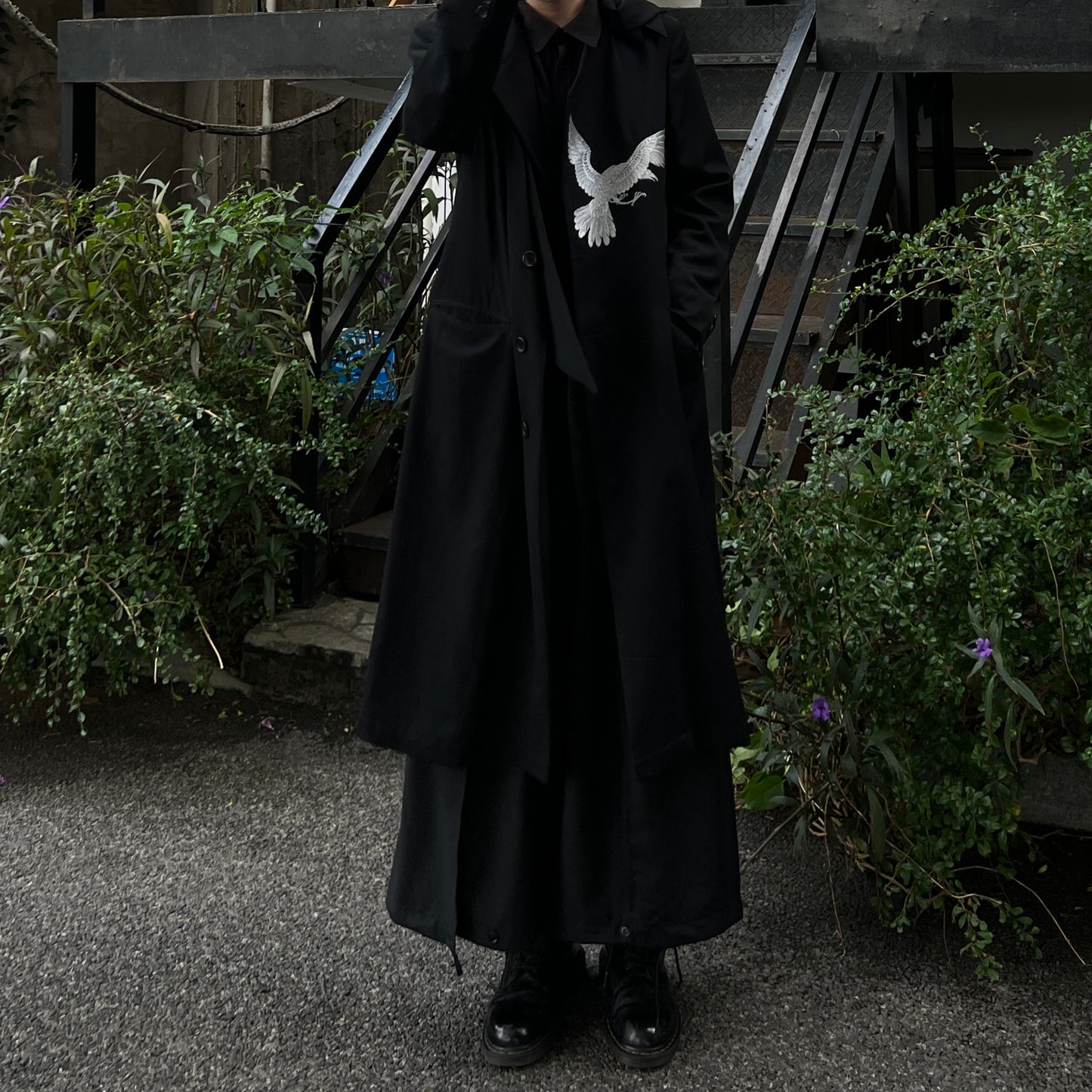 Self-made Yohji Wool Trench Coat - Double-Layered Collar White Raven Embroidery