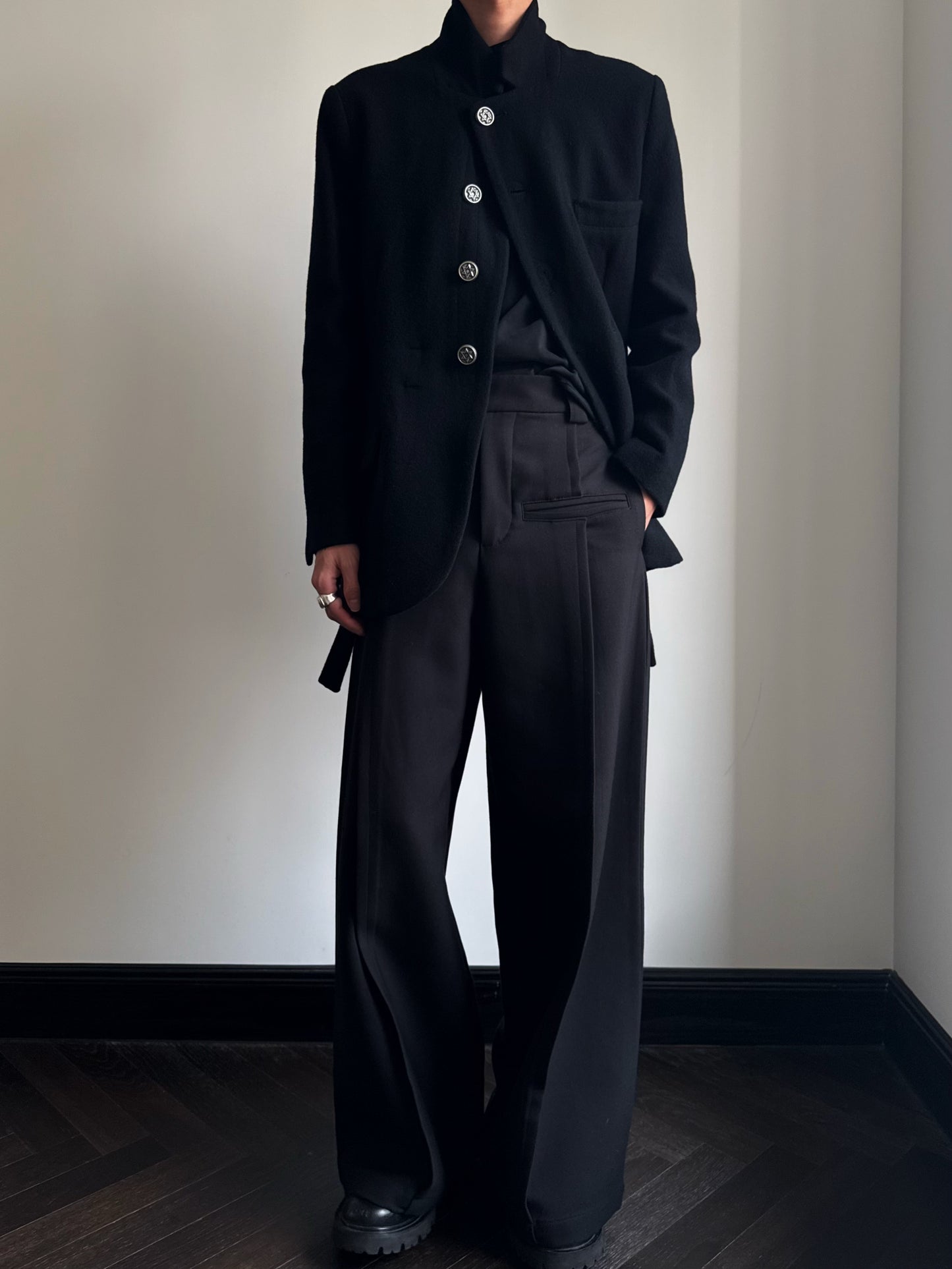 Custom-made Yohji Yamamoto Dark 100% Wool Blazer Hexagram Silver Buttons Jackets