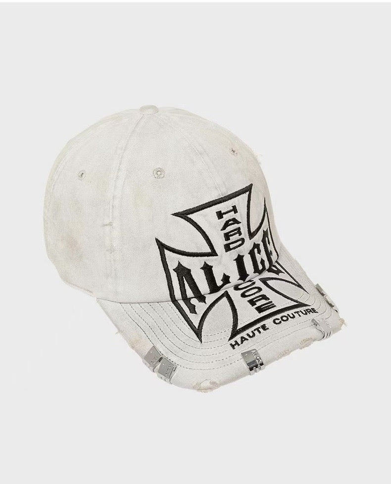 Alice B&W Cross Embroidered Cap – Distressed Baseball Hat 0pium Playboi Carti