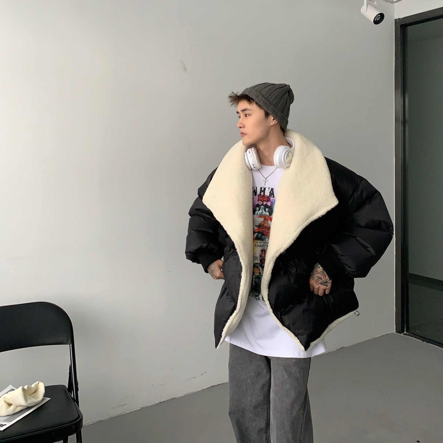 Donclickin Minimalist Shearling Cotton Jacket – Korean Oversized Turn-Down Collar