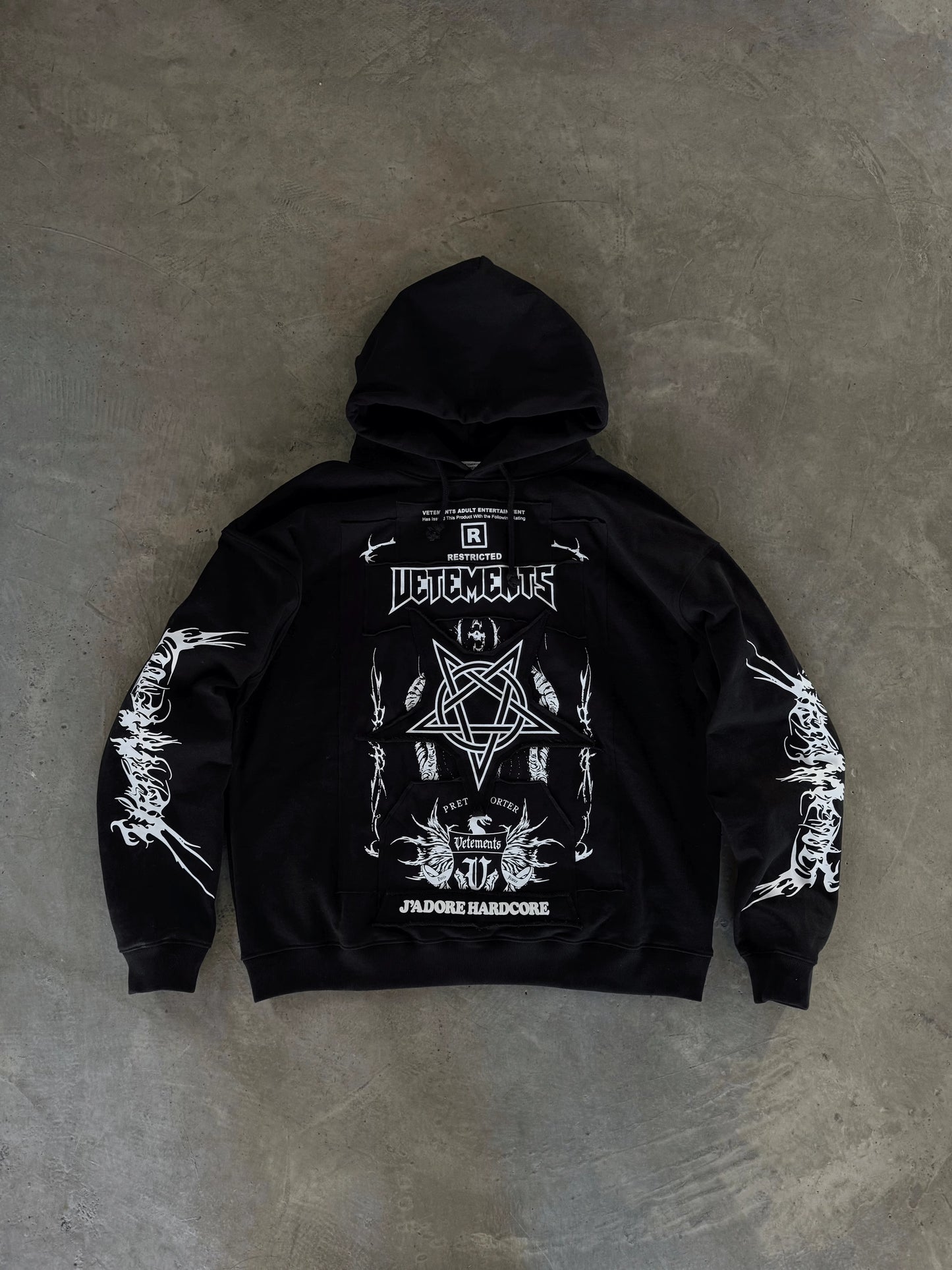 Vetements 24FW Oversized Hoodie J’adore Hardcore Patchwork Garments Black Patched Logo