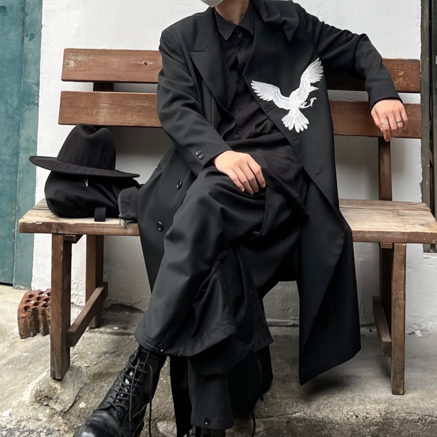 Self-made Yohji Wool Trench Coat - Double-Layered Collar White Raven Embroidery