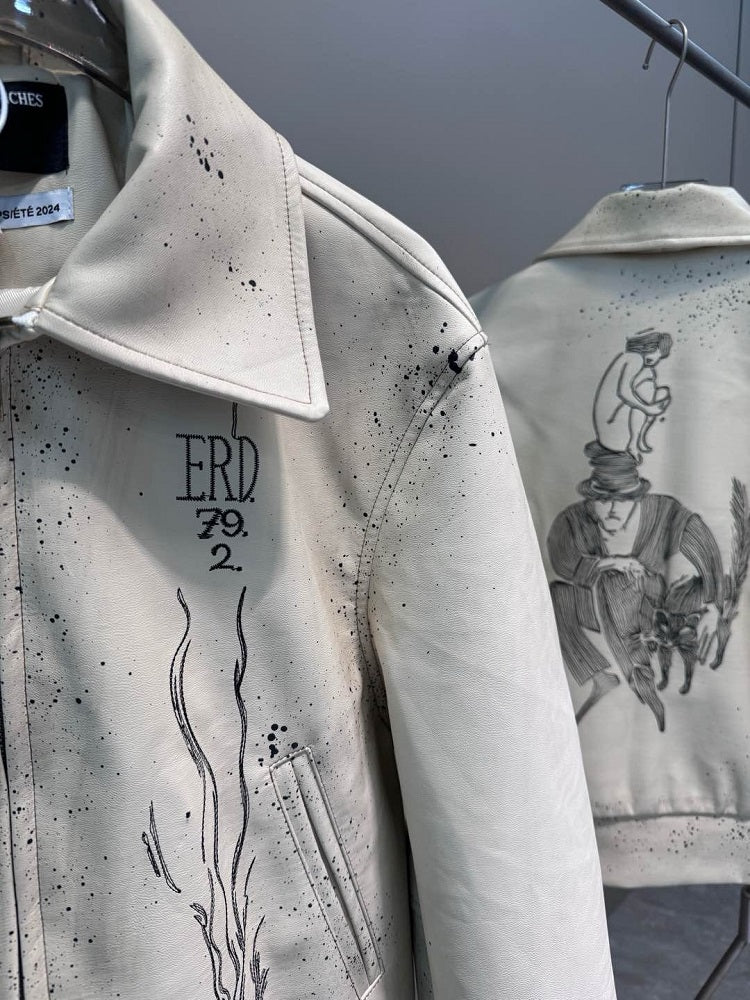 ERD SS24 Depressed Heir Embroidered Splatter Leather Biker Jacket Wookvibe