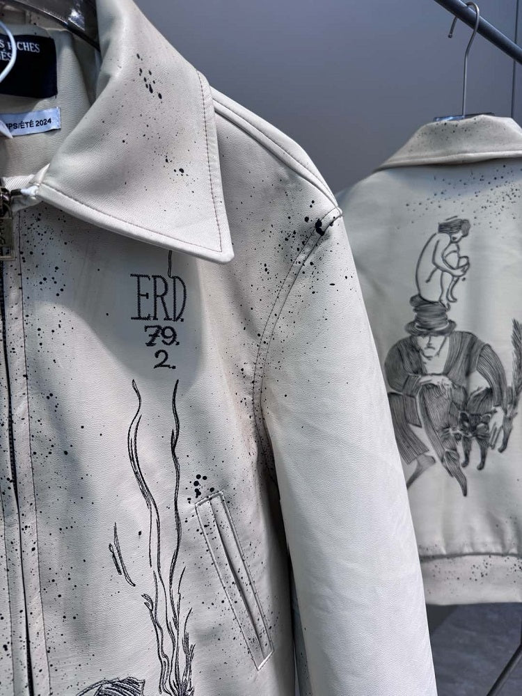 ERD SS24 Depressed Heir Embroidered Splatter Leather Biker Jacket Wookvibe