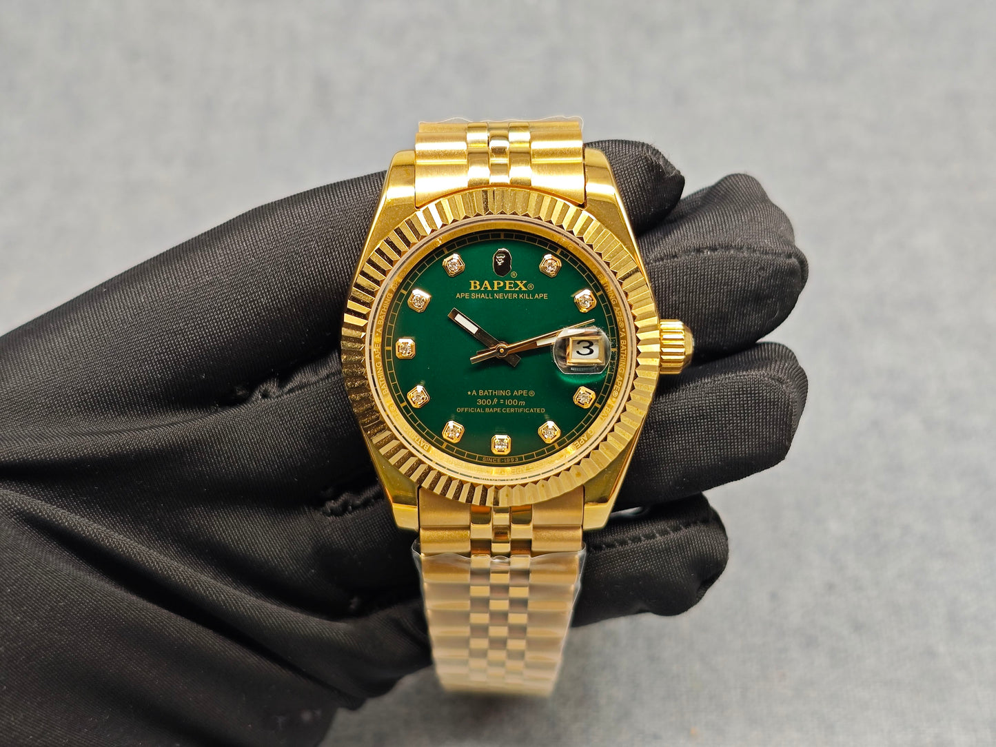 Self-made TYPE 6 BAPEX Gold-Green Ape Power Watch - Fluted Bezel Datejust Mechanical Wristwatch