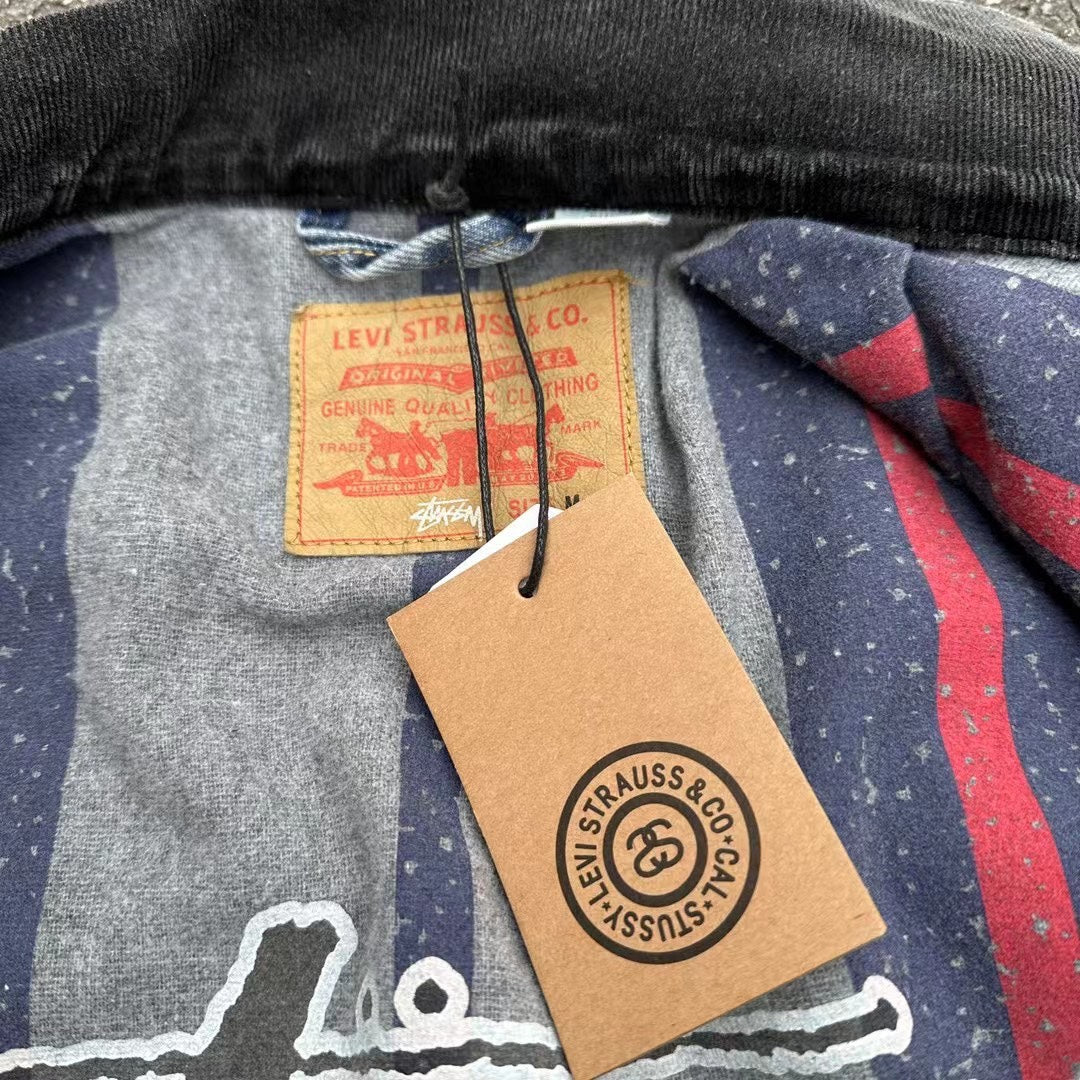 Self-made Stussy Embossed 8 ball X Levis Jacket Washed Denim Outerwear