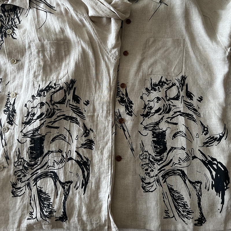 Self-made Yohji Linen Shirt – Yuuka Asakura Yamamoto Hand-Painted Beast Motif