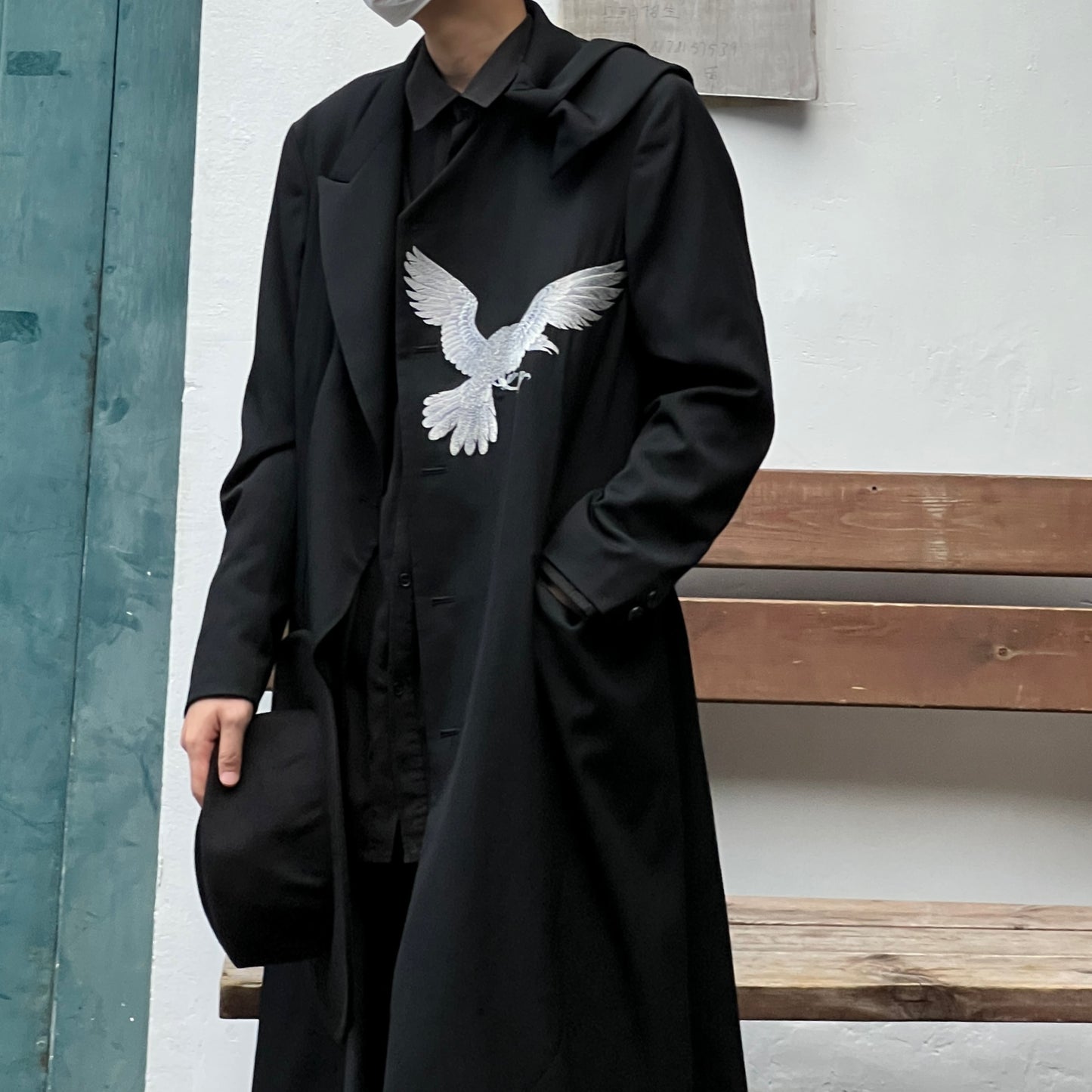 Self-made Yohji Wool Trench Coat - Double-Layered Collar White Raven Embroidery