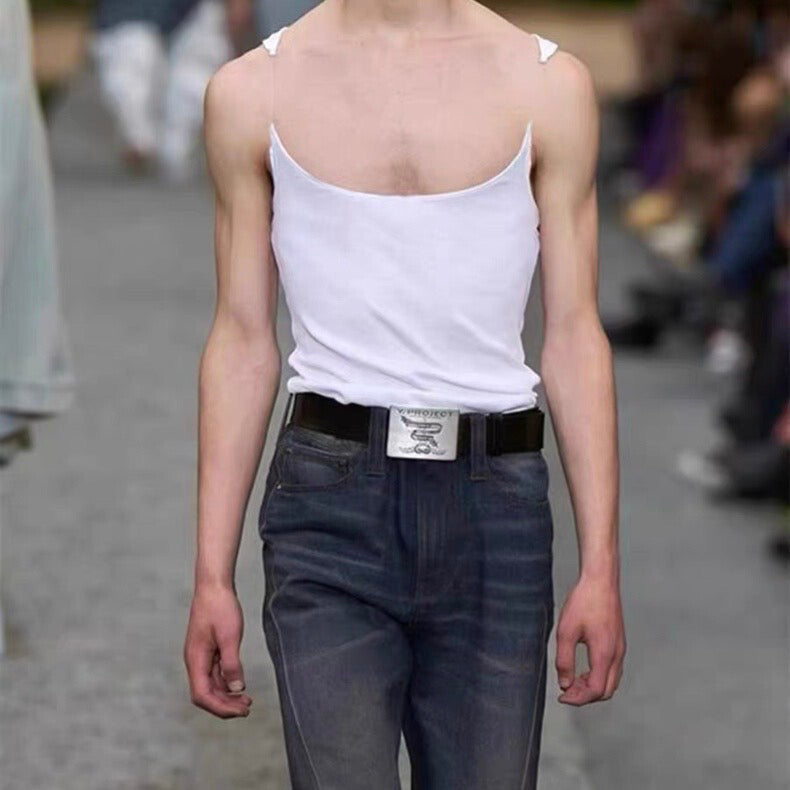 Self-made Y/Project 23SS Runaway Distressed Silver Plaque Genuine Leather Belt