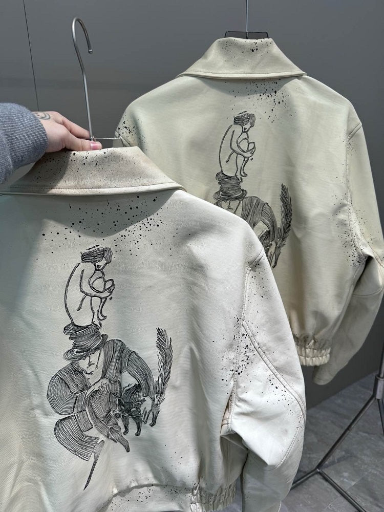 ERD SS24 Depressed Heir Embroidered Splatter Leather Biker Jacket Wookvibe