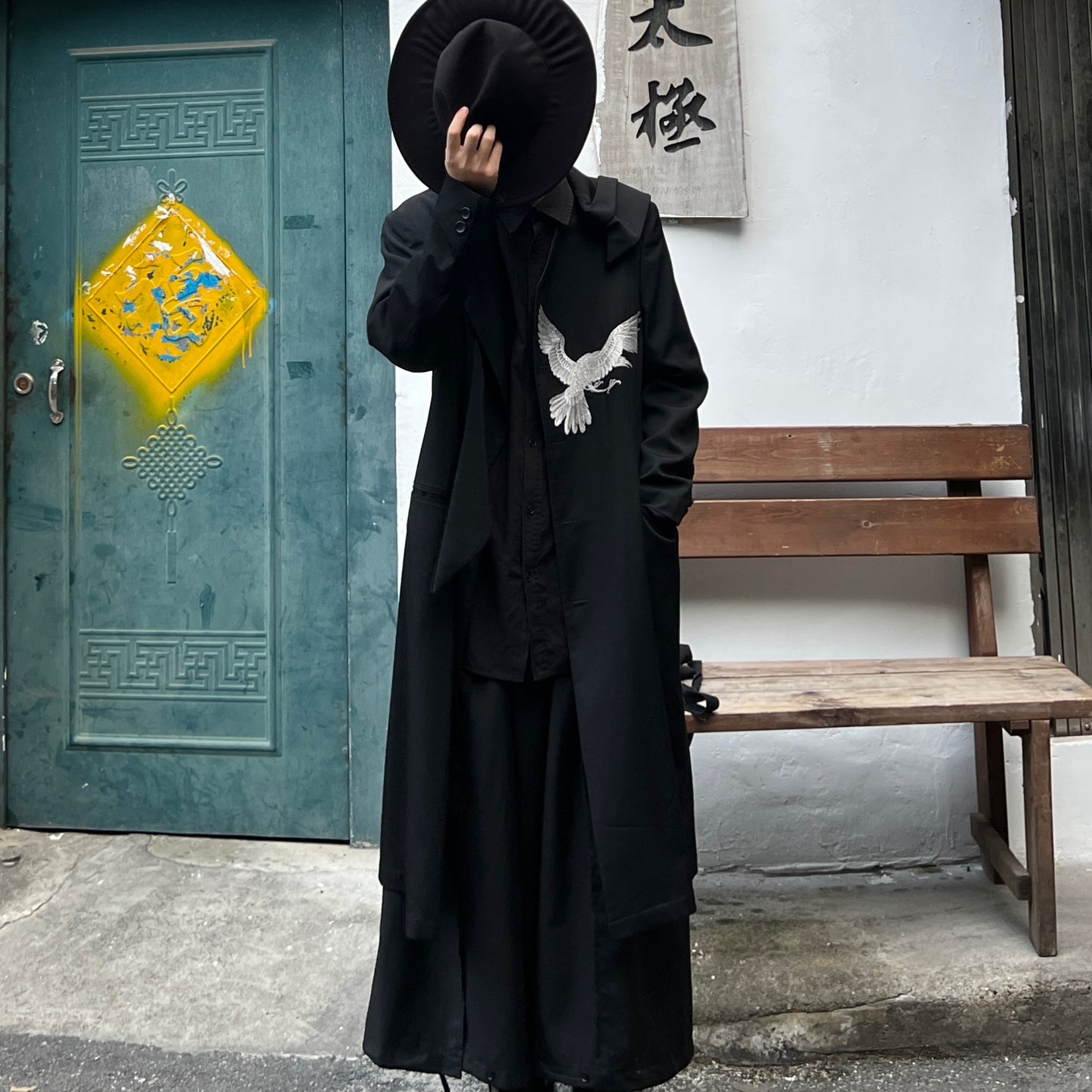 Self-made Yohji Wool Trench Coat - Double-Layered Collar White Raven Embroidery