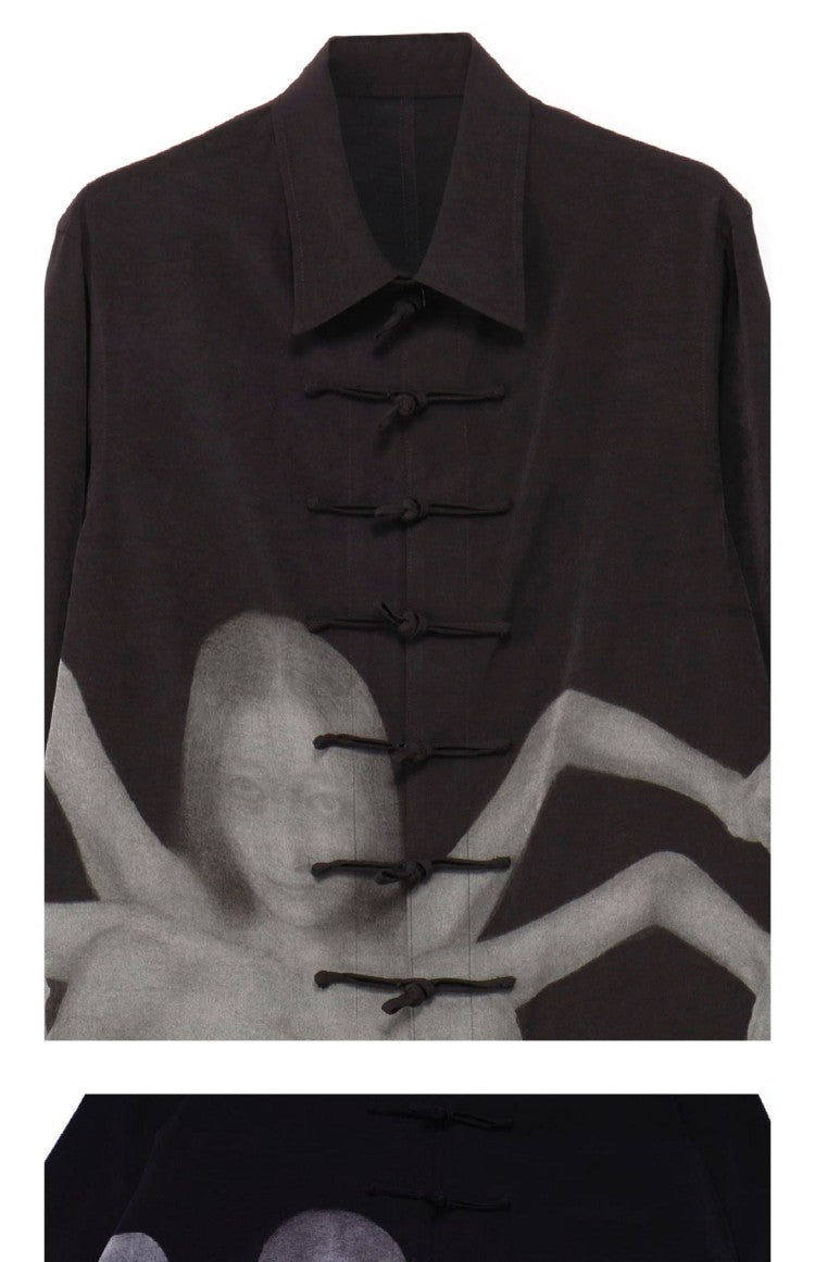 Self-made Yohji Yamamoto Dark Asura Lily Printed Mid-Length Shirt Button Closure