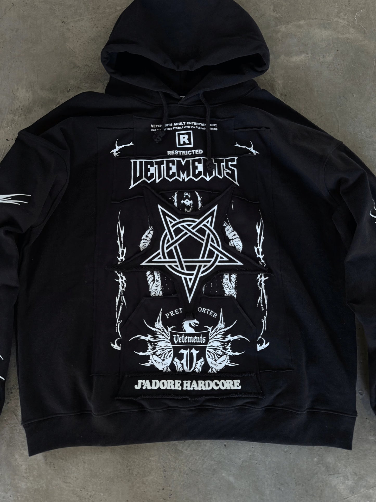 Vetements 24FW Oversized Hoodie J’adore Hardcore Patchwork Garments Black Patched Logo