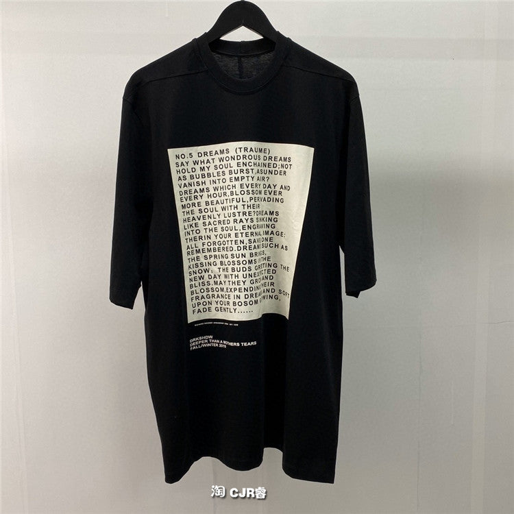 Self-made Dark Avant-garde Rick Owen Slogan RO Print Oversized Short Sleeve Tee