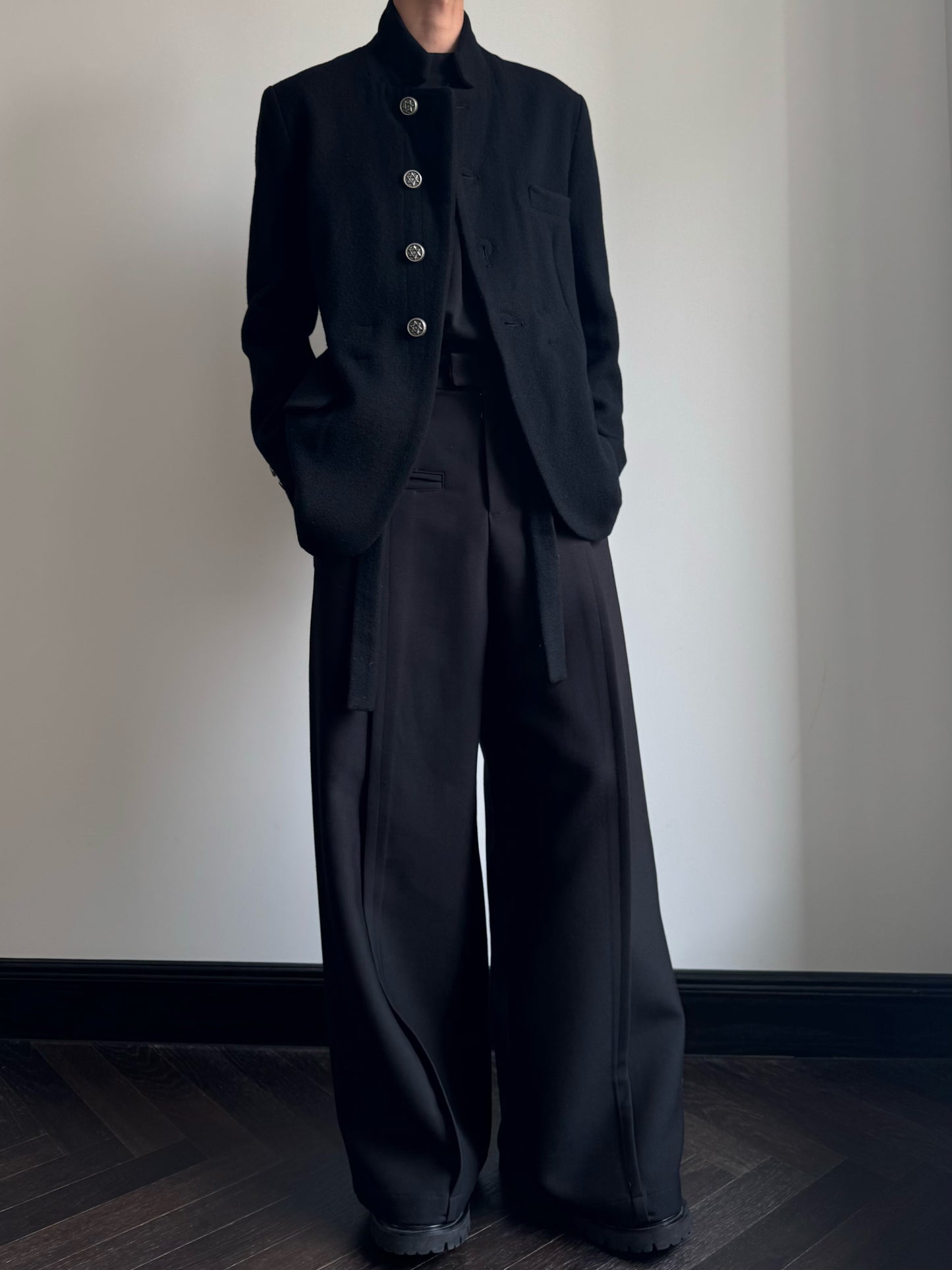 Custom-made Yohji Yamamoto Dark 100% Wool Blazer Hexagram Silver Buttons Jackets