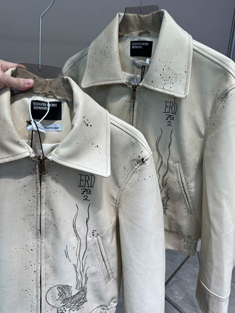 ERD SS24 Depressed Heir Embroidered Splatter Leather Biker Jacket Wookvibe