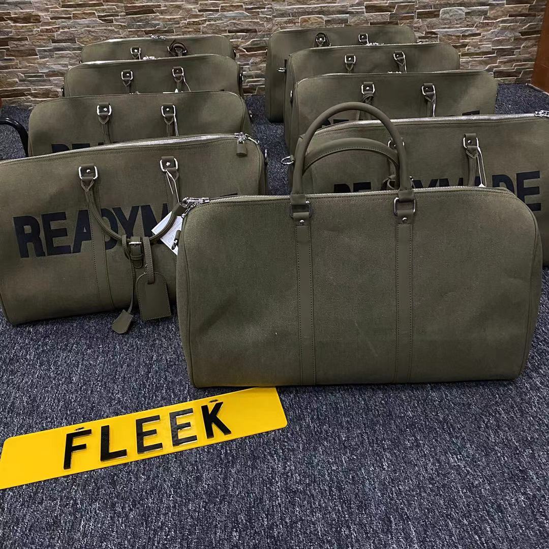 Readymade Overnight Bag - Army Green Canvas Embroidered Travel Bucket Gym Bag