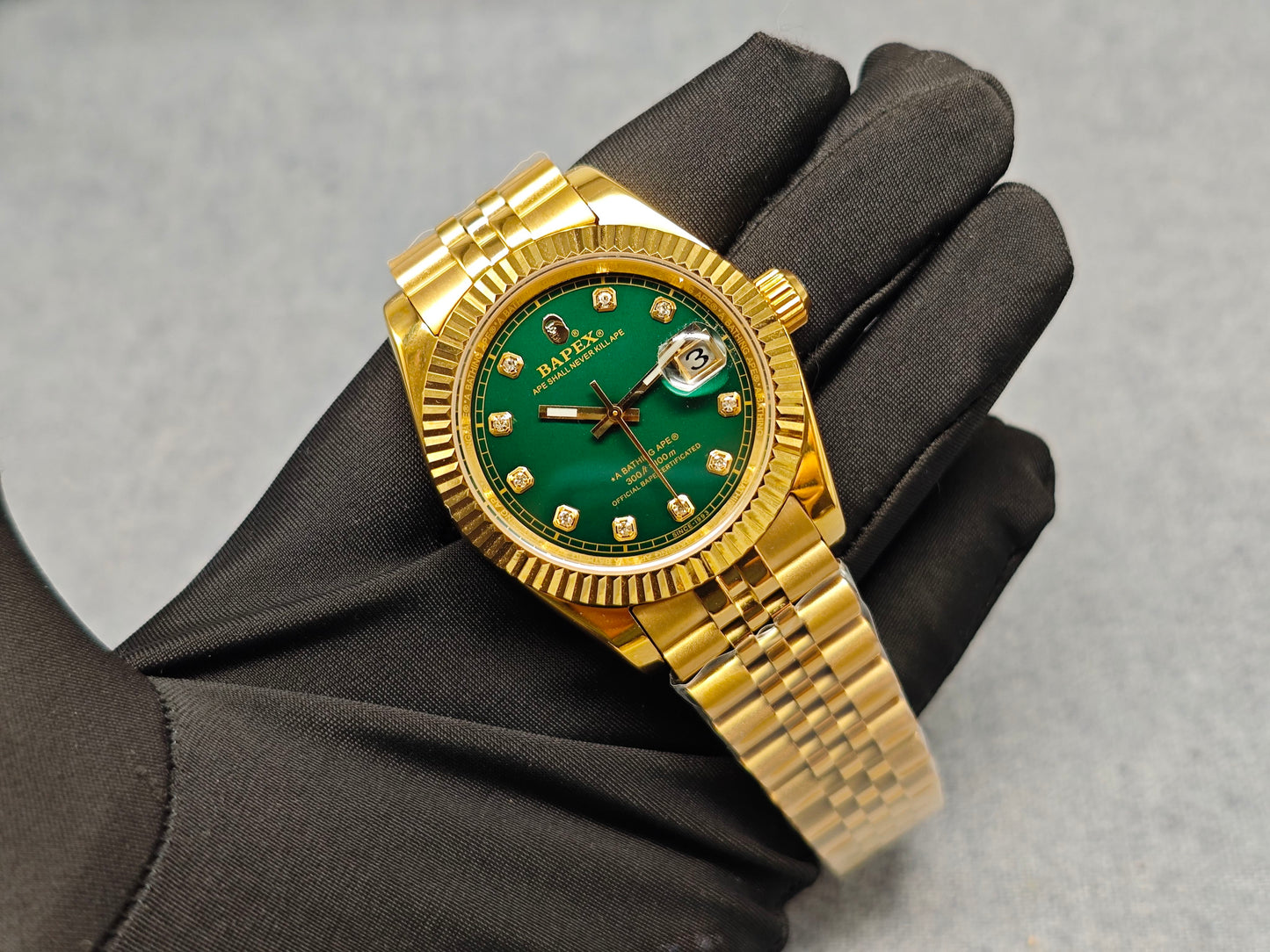 Self-made TYPE 6 BAPEX Gold-Green Ape Power Watch - Fluted Bezel Datejust Mechanical Wristwatch