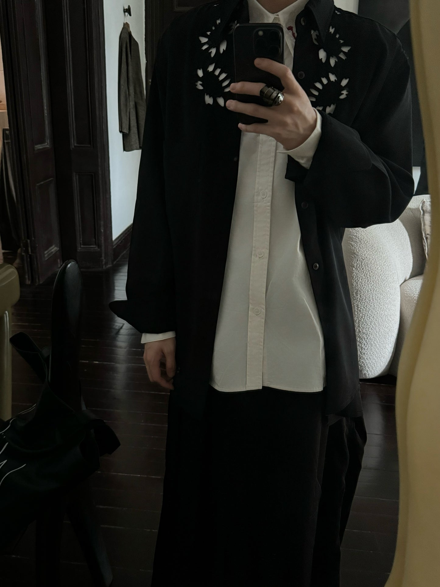 Self-made Yohji Yamamoto 'Flower & Youth' Wool Shirt Jacket - Cherry Blossom Cut-Out Detailing