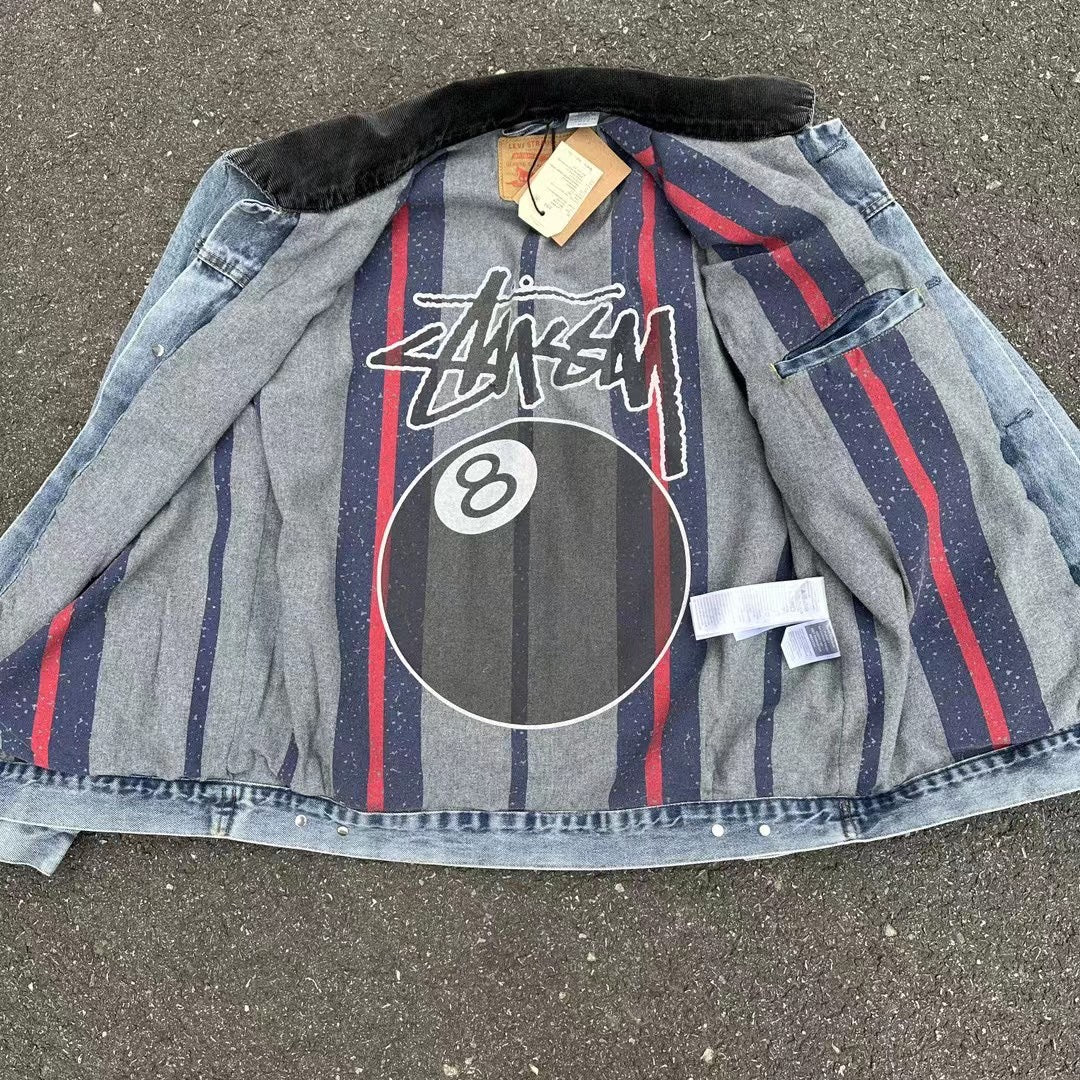 Self-made Stussy Embossed 8 ball X Levis Jacket Washed Denim Outerwear