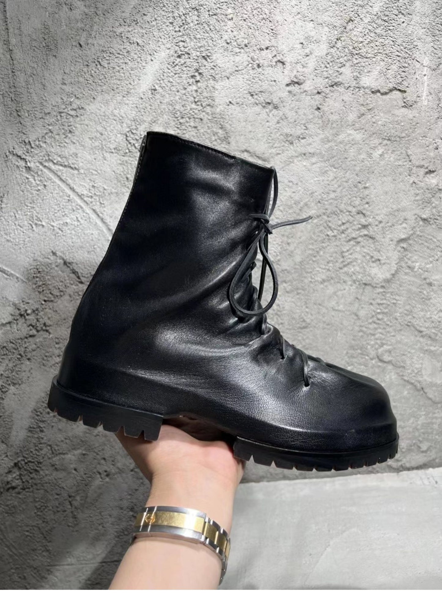 424 on Fairfax SS22 Crinkled Zip High-Top Retro Thick-Soled Lambskin Ankle Boots