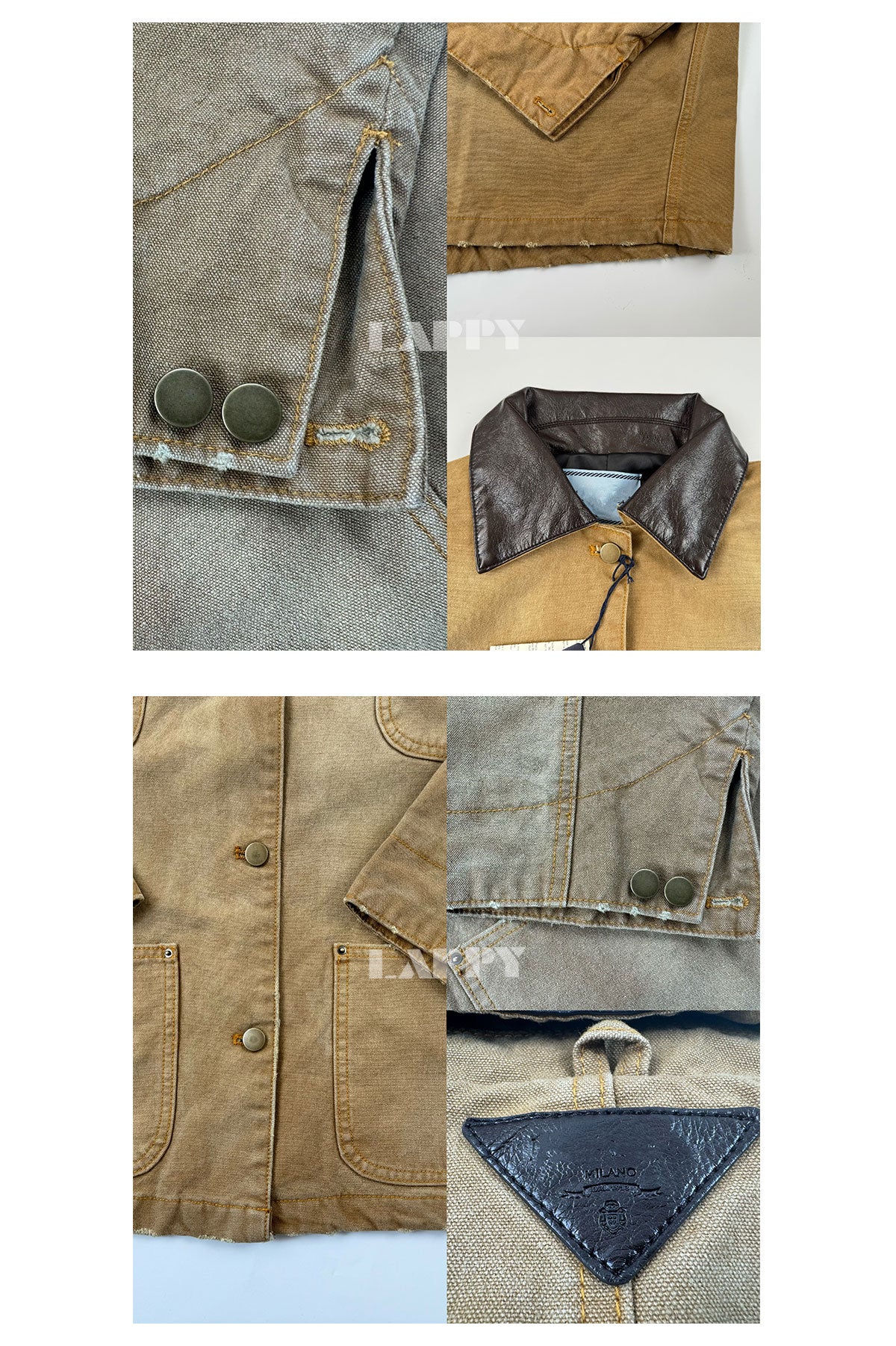 24SS Goatskin Patchwork Workwear Jacket with Leather Collar-Oversized Silhouette