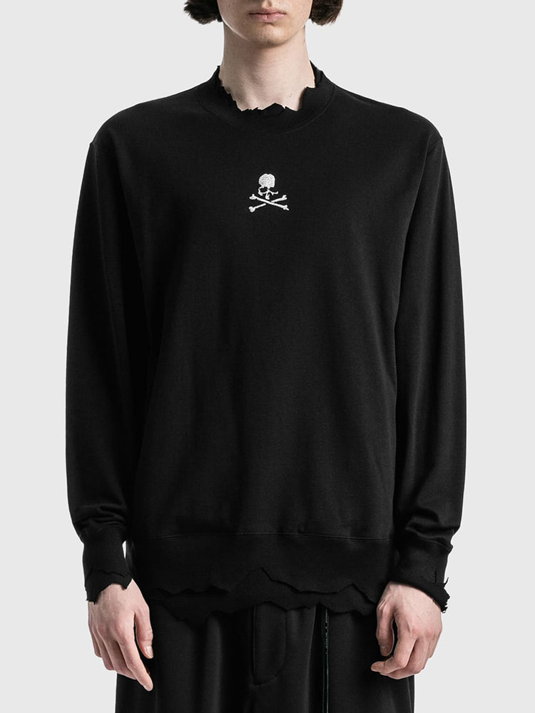 MASTERMIND MMJ Skull Glitter 3D Print Cut-Off Distressed Crewneck Sweatshirt