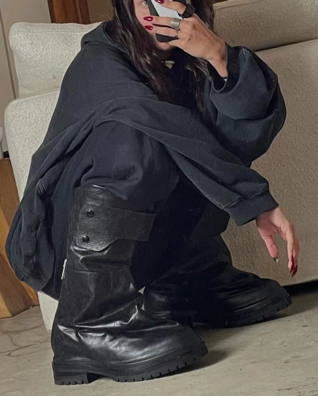 Self-made 424 Distressed Leather Slouch Boots Oversized Crinkled Biker High Boots