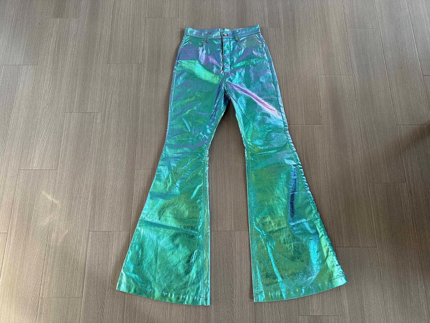Rick Owen Acbt Coated Green Iridescent Flared Jeans - Wide-Leg Stacked Pants