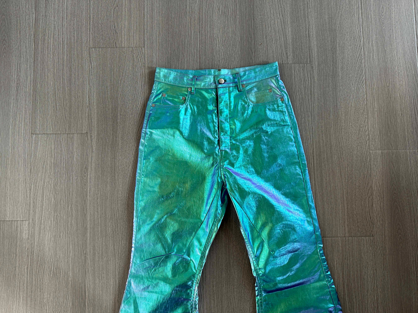 Rick Owen Acbt Coated Green Iridescent Flared Jeans - Wide-Leg Stacked Pants