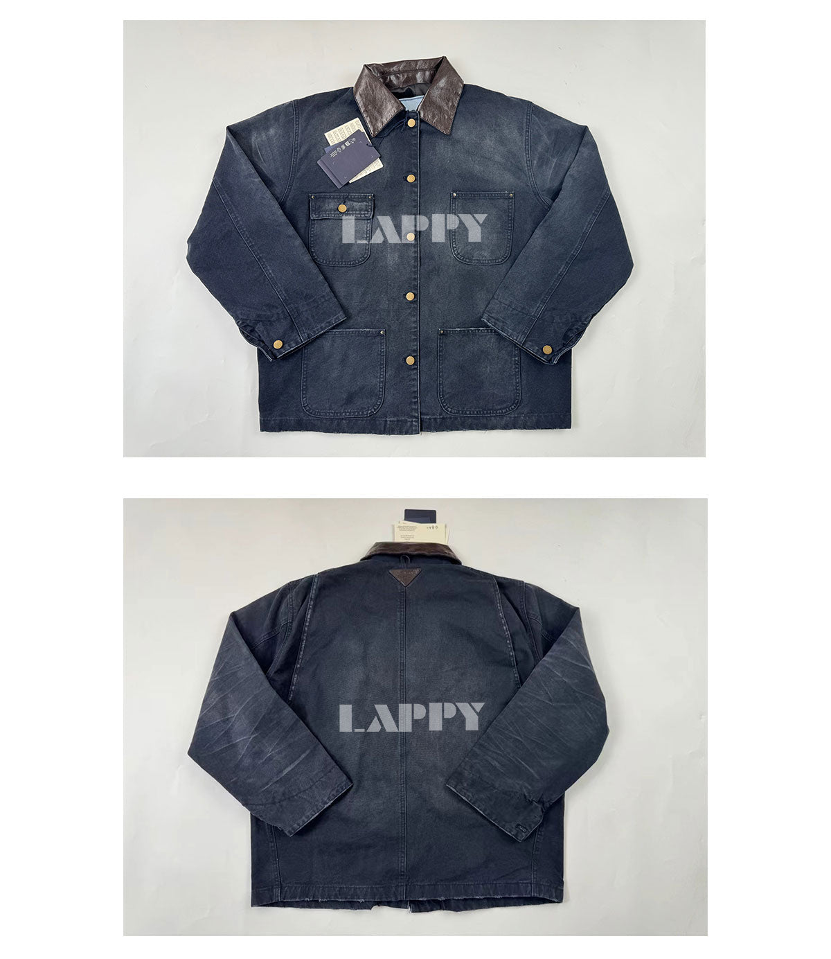 24SS Goatskin Patchwork Workwear Jacket with Leather Collar-Oversized Silhouette
