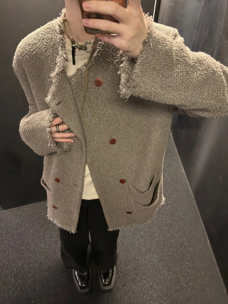 Magliano Hand-Distressed Knit Cardigan - Raw-Hem Bouclé Button-Up Unisex Coat