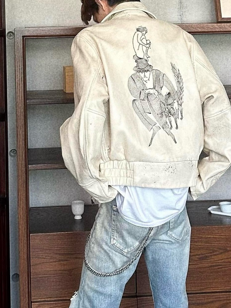 ERD SS24 Depressed Heir Embroidered Splatter Leather Biker Jacket Wookvibe