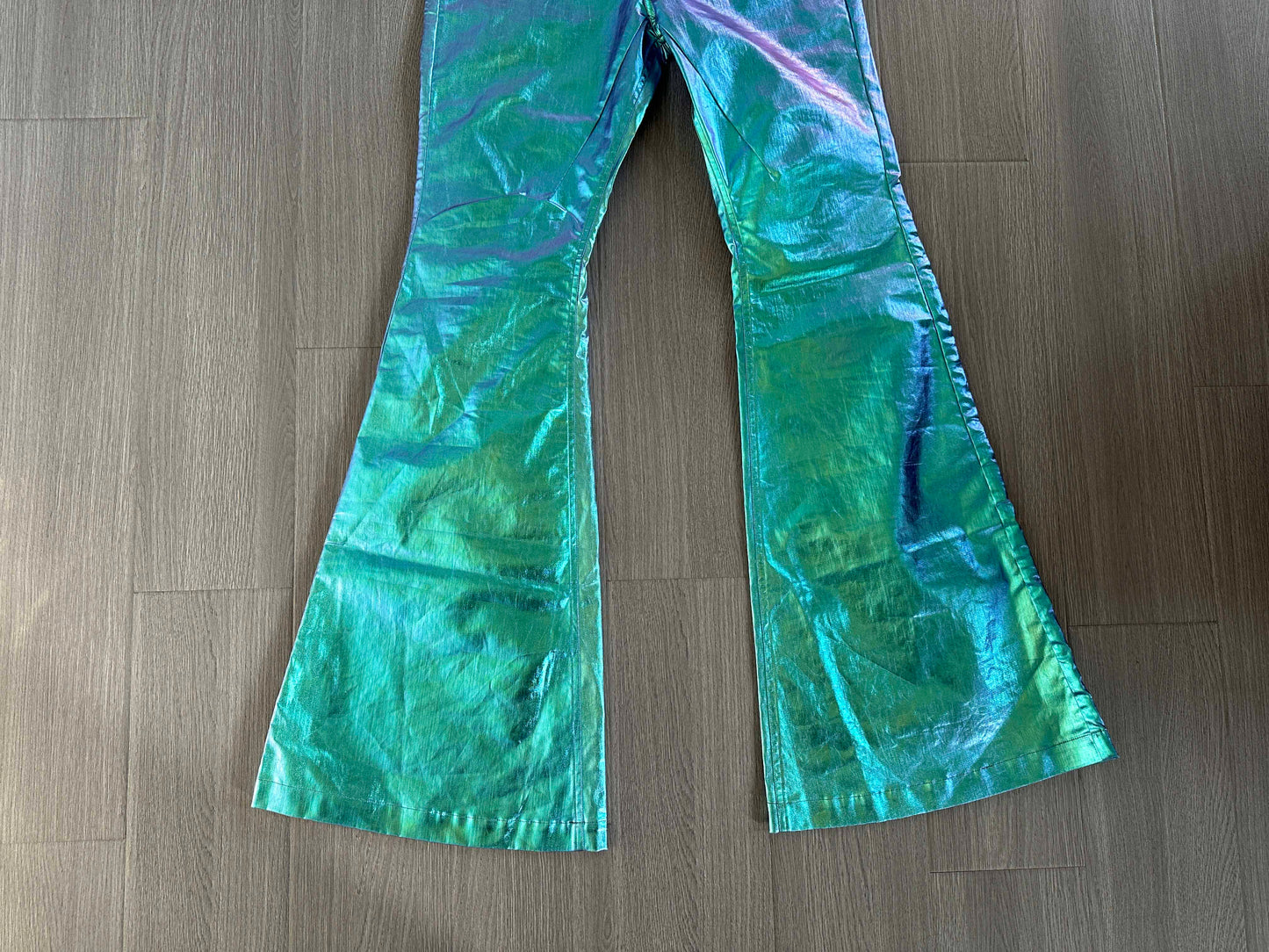 Rick Owen Acbt Coated Green Iridescent Flared Jeans - Wide-Leg Stacked Pants
