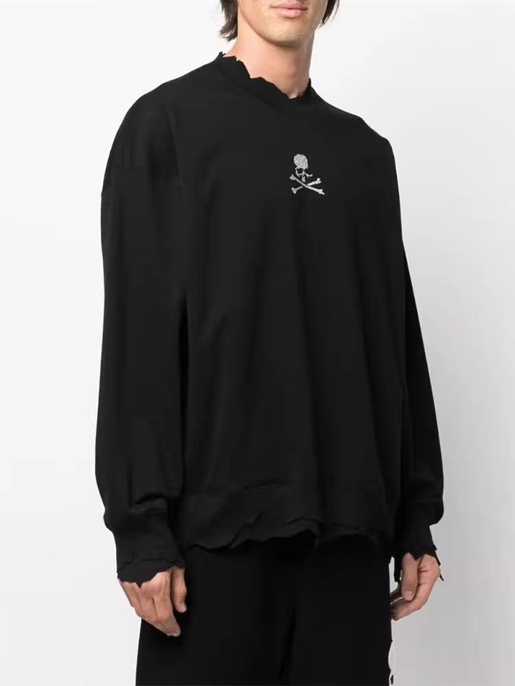 MASTERMIND MMJ Skull Glitter 3D Print Cut-Off Distressed Crewneck Sweatshirt