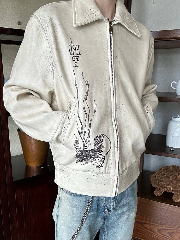 ERD SS24 Depressed Heir Embroidered Splatter Leather Biker Jacket Wookvibe