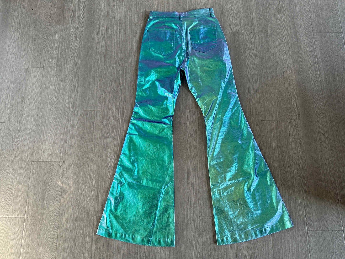 Rick Owen Acbt Coated Green Iridescent Flared Jeans - Wide-Leg Stacked Pants