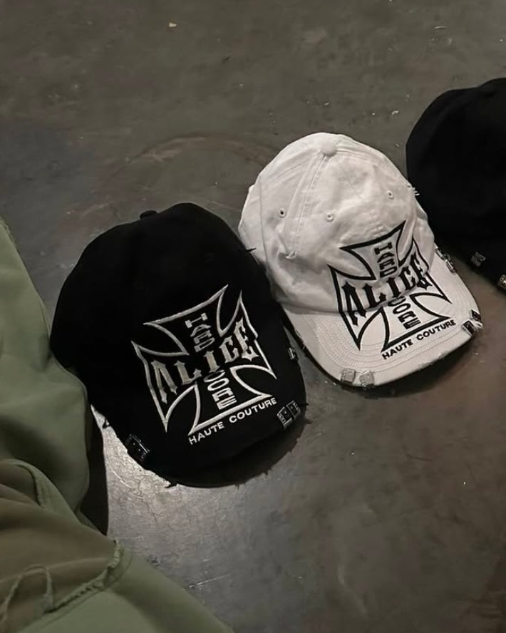 Alice B&W Cross Embroidered Cap – Distressed Baseball Hat 0pium Playboi Carti