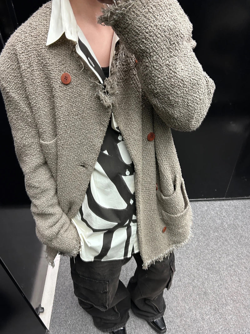 Magliano Hand-Distressed Knit Cardigan - Raw-Hem Bouclé Button-Up Unisex Coat