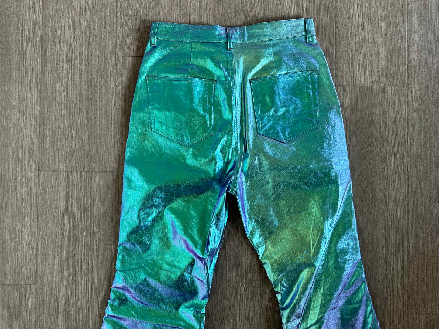 Rick Owen Acbt Coated Green Iridescent Flared Jeans - Wide-Leg Stacked Pants
